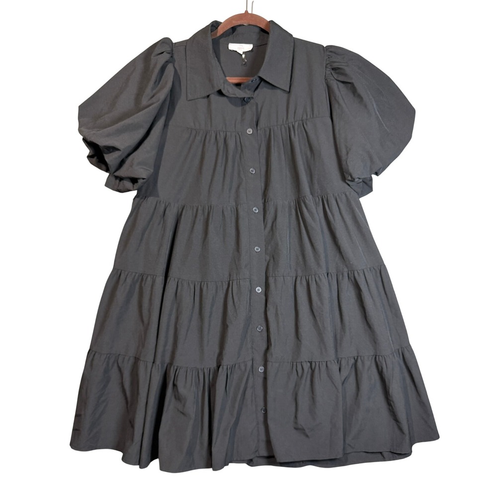 Entro Black Tiered Puff Sleeve Babydoll Button Down Mini Dress Large Flowy